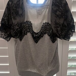 Maeve Gray Top with Black Lace Overlay